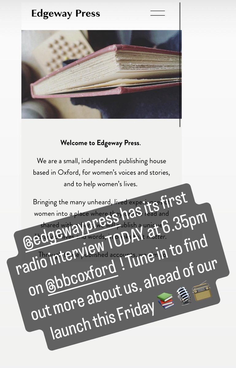 Edgeway Press has its first radio interview TODAY at 6.35pm on <a href="/BBCOxford/">BBC Oxfordshire</a> 📻
Tune in to find out more about my new publishing house for women's voices, ahead of our launch event this Friday 📚🎙️ 
Instagram.com/edgewaypress
Edgewaypress.com 
<a href="/BBCOxford/">BBC Oxfordshire</a> <a href="/oxfordtimes/">Oxford Times</a>  #writing