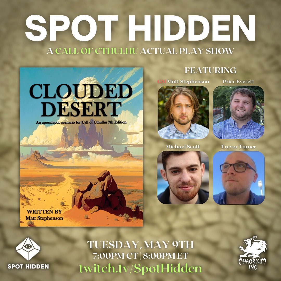 Spot Hidden (@spothiddenshow) on Twitter photo Tune in tonight as <a href="/Mattephson/">Matt Stephenson</a> wraps up his apocalyptic story for <a href="/trovertt/">Trevor Turner</a> <a href="/michael_bscott_/">Mike Scott</a> <a href="/PriceEverett/">Price Everett</a>! Twitch.tv/spothidden <a href="/Chaosium_Inc/">Chaosium</a> Tune in tonight as <a href="/Mattephson/">Matt Stephenson</a> wraps up his apocalyptic story for <a href="/trovertt/">Trevor Turner</a> <a href="/michael_bscott_/">Mike Scott</a> <a href="/PriceEverett/">Price Everett</a>! Twitch.tv/spothidden <a href="/Chaosium_Inc/">Chaosium</a>