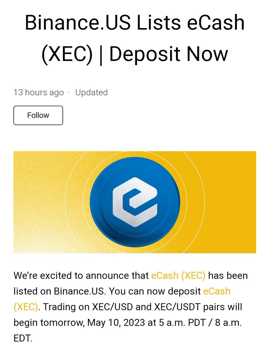 xecmass's tweet photo. #eCash $XEC is finally available at @BinanceUS! 💯

@coinbase 🫵 you are next https://t.co/rQVAsJGEw1