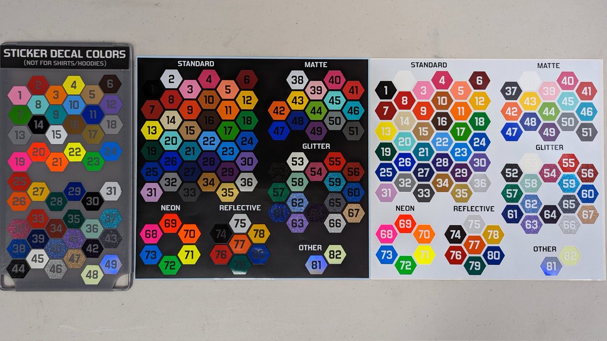 Mythimorph's tweet photo. Introducing 33 new material options for sticker decals!

I doubled the selection of standard colors &amp; added a new matte line! Old chart on the left for comparison

You can see at them in-person at my FWA table; they'll be added to the new online store I'm building this spring :3 https://t.co/oeraw3MOjv