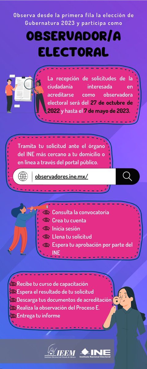 Participar como Observadora u Observador Electoral 📷 es tu derecho, ¡Ejércelo!

📷📷 Regístrate en: observadores.ine.mx

#ParticipoConElIEEM #CiudadaniaActivaIEEM
