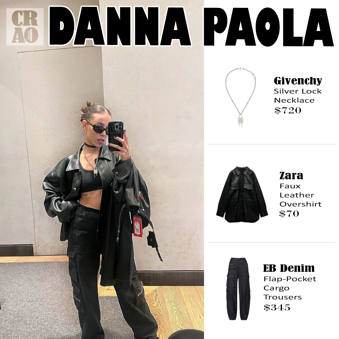 Danna Paola wearing :
.
.
. @givenchy Silver Lock Necklace ($720)
.
. @zara Faux Leather Overshirt ($70) 
.
. @ebdenim Flap-Pocket Cargo Trousers ($345)
.
.
#dannapaola #givenchy #givenchybeauty #necklace #zara #zarawoman #ebdenim #cargotrousers #trousers #trouserstyles