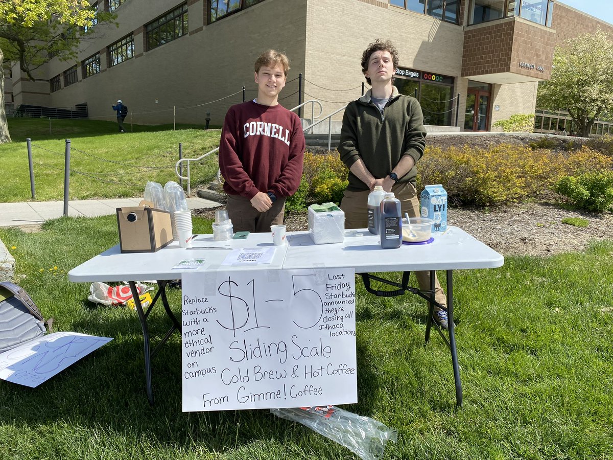 STARBUCKS DITCHED ITHACA — WE’RE DITCHING STARBUCKS! Today Cornell students are in front of our busiest Starbucks campus cafés selling union-made <a href="/gimmecoffee/">Gimme! Coffee</a>! All revenue goes to <a href="/SBWorkersIthaca/">Ithaca SBWU</a>’s strike fund, and <a href="/CornellDining/">Cornell Dining</a> calling the cops hasn’t kept us from selling out!