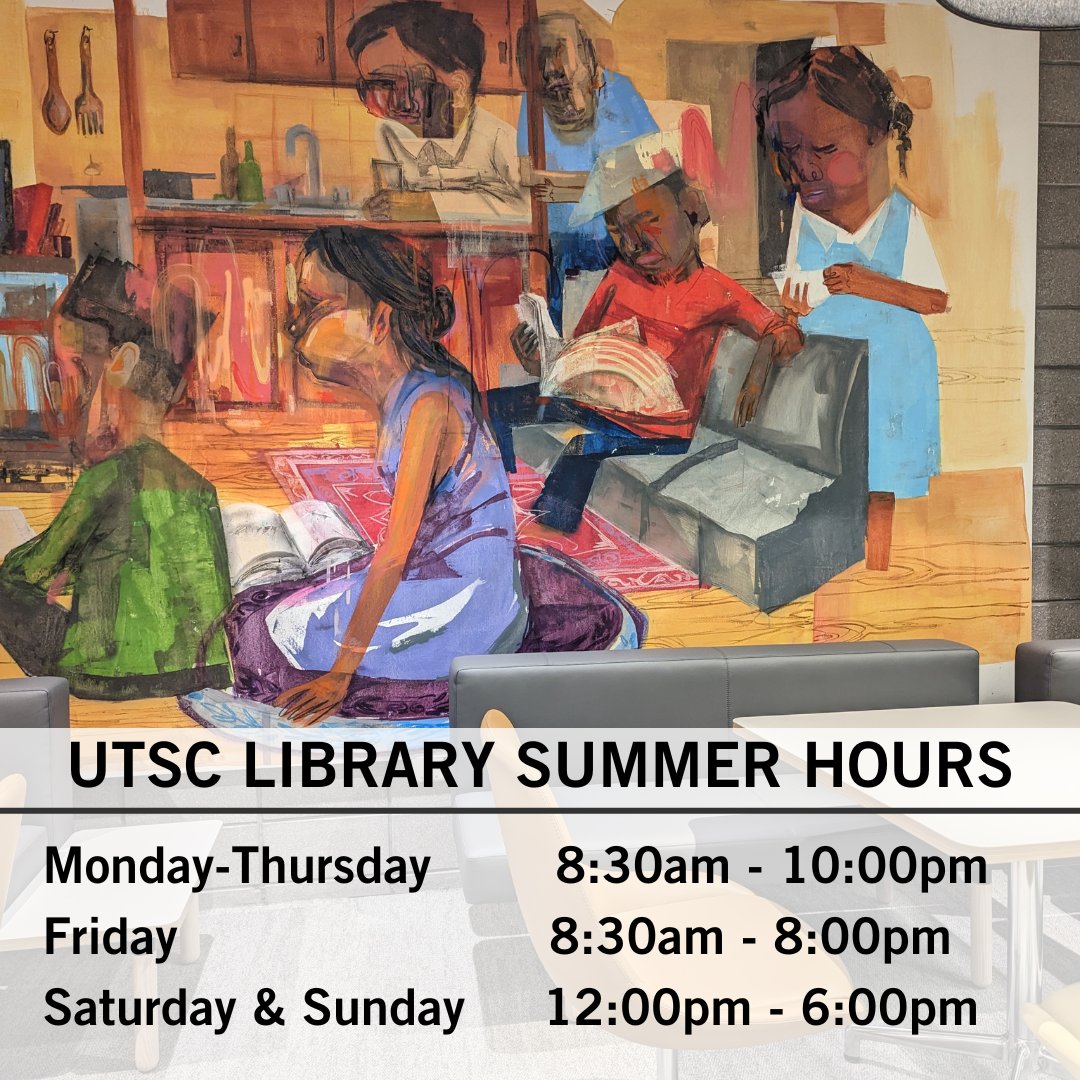 UTSCLibrary's tweet photo. The UTSC Library summer hours are in effect until August 25! 

Monday-Thursday 8:30am-10:00pm
Friday 8:30am-8:00pm
Saturday and Sunday 12:00pm-6:00pm

Happy studying! 
#UTSC #UTSCLibrary #ScarbTO https://t.co/fTmy8C1bp1