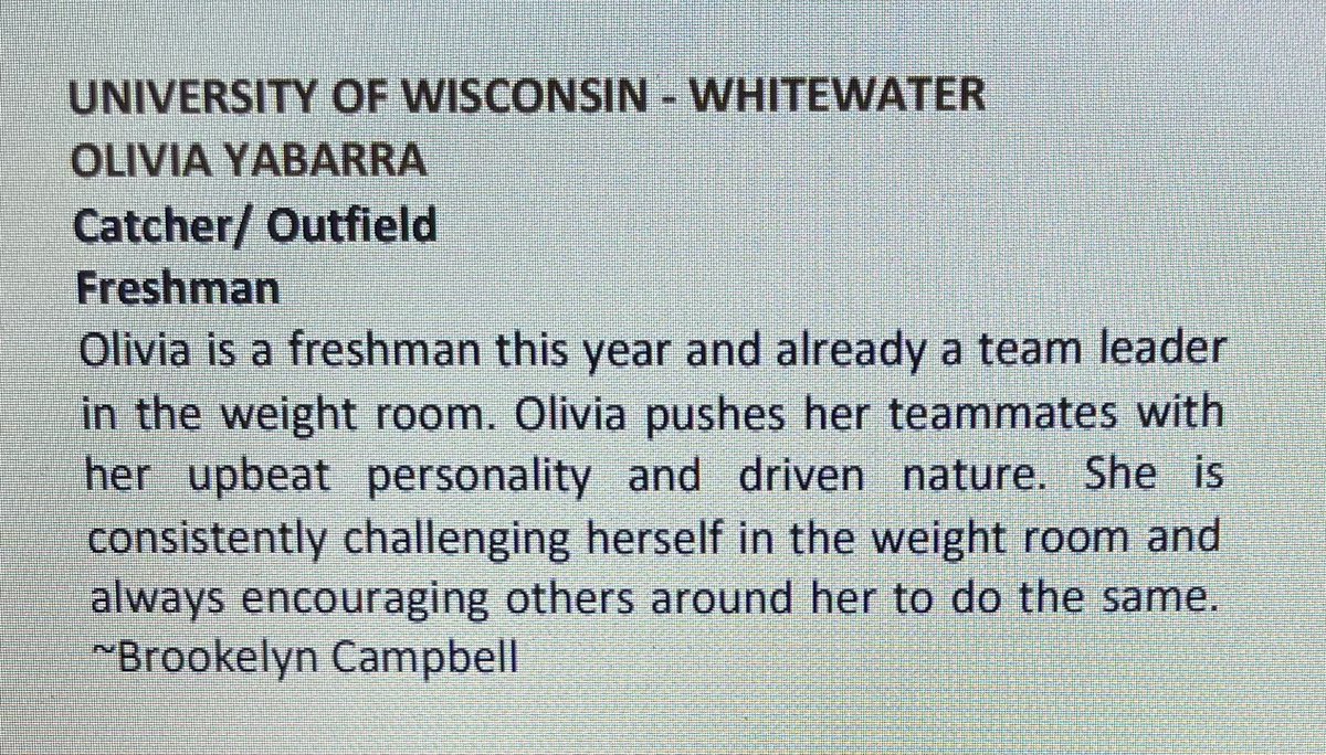 UWWSoftball's tweet photo. Congrats to our very own, @LivYbarra2022 for being recognized as an All-American Strength &amp; Conditioning Athlete of the Year! 💪 We are SO proud of you! https://t.co/WM8XTZKMPU