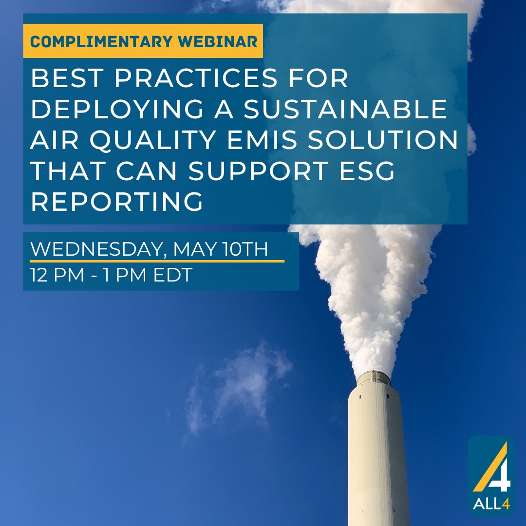 Join us tomorrow (5/10) for a complimentary webinar, "Best Practices for Deploying a Sustainable Air Quality EMIS Solution That Can Support ESG Reporting" at 12pm ET: all4inc.com/insights-webin…
#emis #airqualityreporting #environmentalwebinar