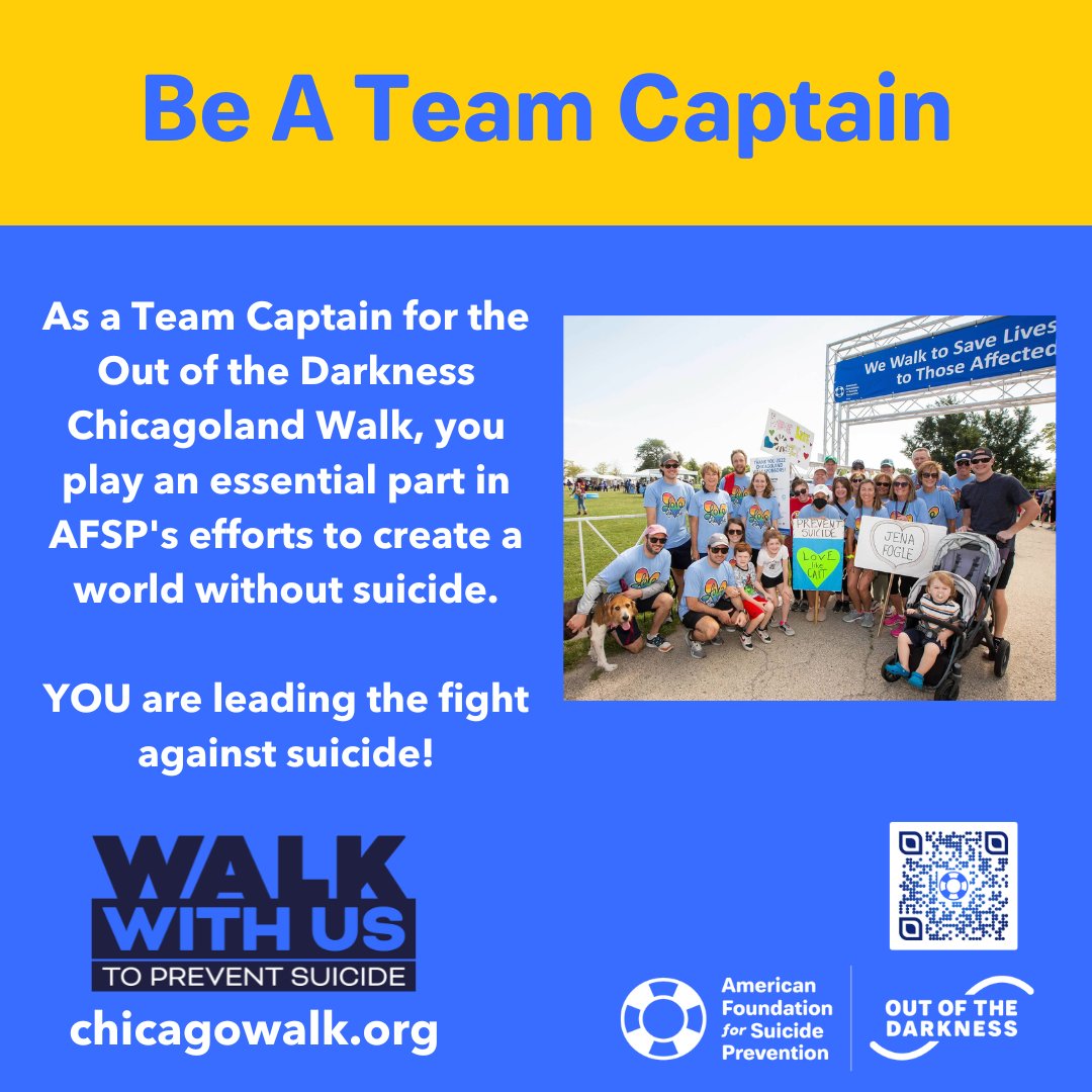 AFSPIL's tweet photo. Be a Team Captain and join us at the Chicagoland Wallk on October 21st!
Scan the QR code or visit https://t.co/CLtyTOQ58g to register or donate today.
#ChicagolandWalk
#AFSPIL
#WalkWithUs https://t.co/fVeGGGdoQL