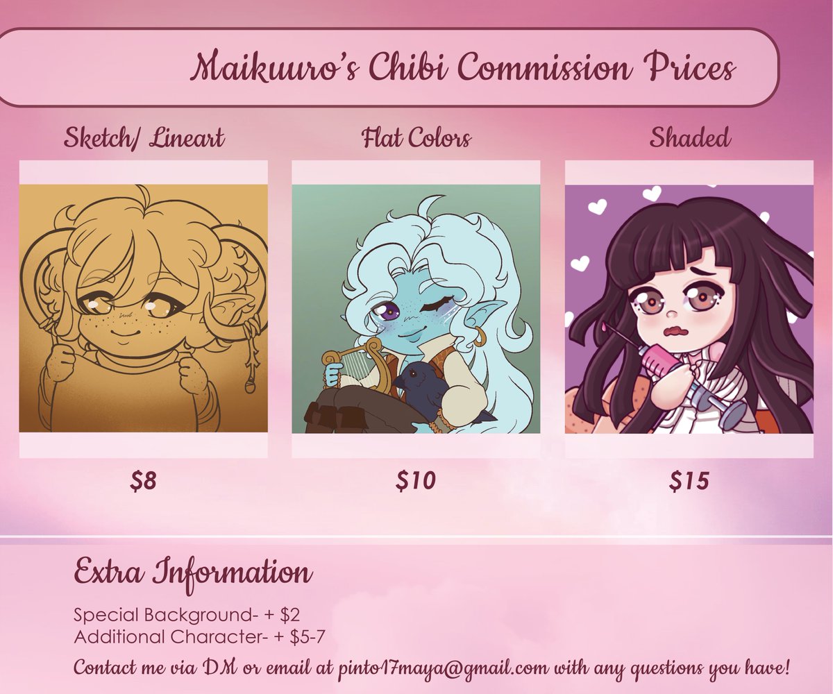 Update time! Commissions and freelance work is open for me. I am graduating from college this week. I am getting into the freelance life baby 😎 Below is my portfolio and images with commission info. 
maikuuroart.myportfolio.com

#artcommissions #opentowork #characterdesign