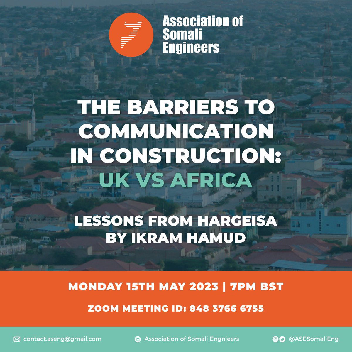 ASEsomalieng's tweet photo. Hello!

Join us as we seek to highlight the differences between communication and procedures in the UK vs Hargeisa in the construction industry 

Ikram Hamud, Hamse Adaroosh and Eng. Mustafa Abdillahi will be talking us through their experiences highlighting the challenges faced. https://t.co/j4BJj5PoXS