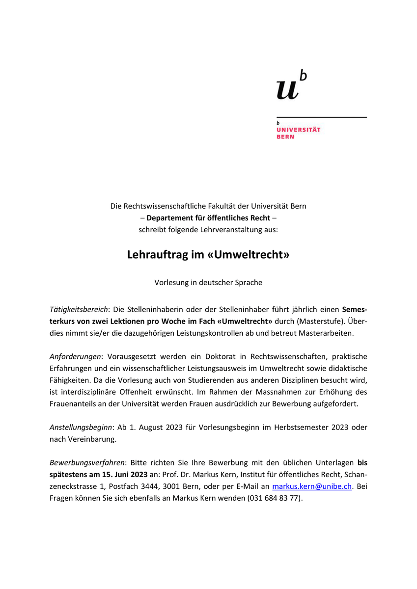#jobalert 🚨 Für das Herbstsemester 2023 schreibt das Institut für öffentliches Recht einen spannenden Lehrauftrag im #Umweltrecht aus. 
Als Dozent:in halten Sie die Vorlesung auf Masterstufe, nehmen Leistungskontrollen ab und betreuen Masterarbeiten im Bereich des Umweltrechts.
