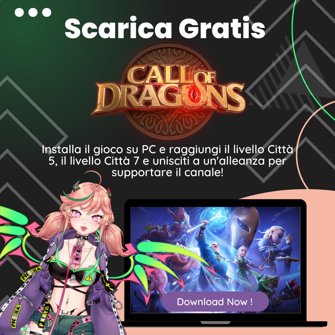 devilayacchi's tweet photo. Today’s stream is #sponsored by @callofdragons! Please support my stream by downloading the game, reaching City level 5 and City level 7! Join my alliance to have fun together💜💚
https://t.co/k7M1IWZf7b
#rAYAibu #vtuberita #italianvtuber #VtubersEN #Callofdragons https://t.co/fr2h9jjdmR