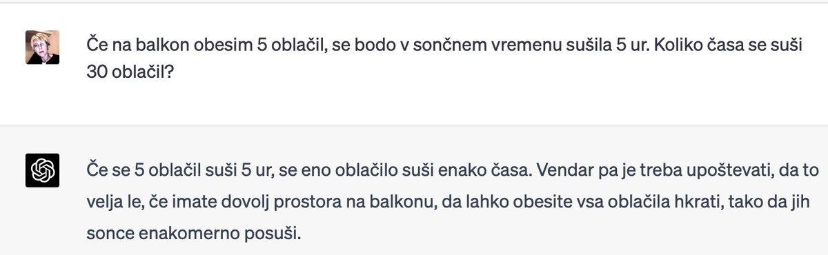 spelavintar's tweet photo. Tole je večkrat citiran primer, pri katerem se GPT4 rad zmoti. V slovenščini se ne :) https://t.co/RFVAgYj4kY