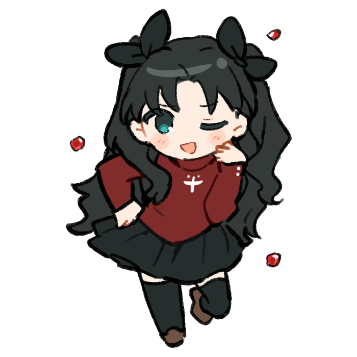 tohsaka rin 1girl solo one eye closed long hair skirt black hair thighhighs  illustration images