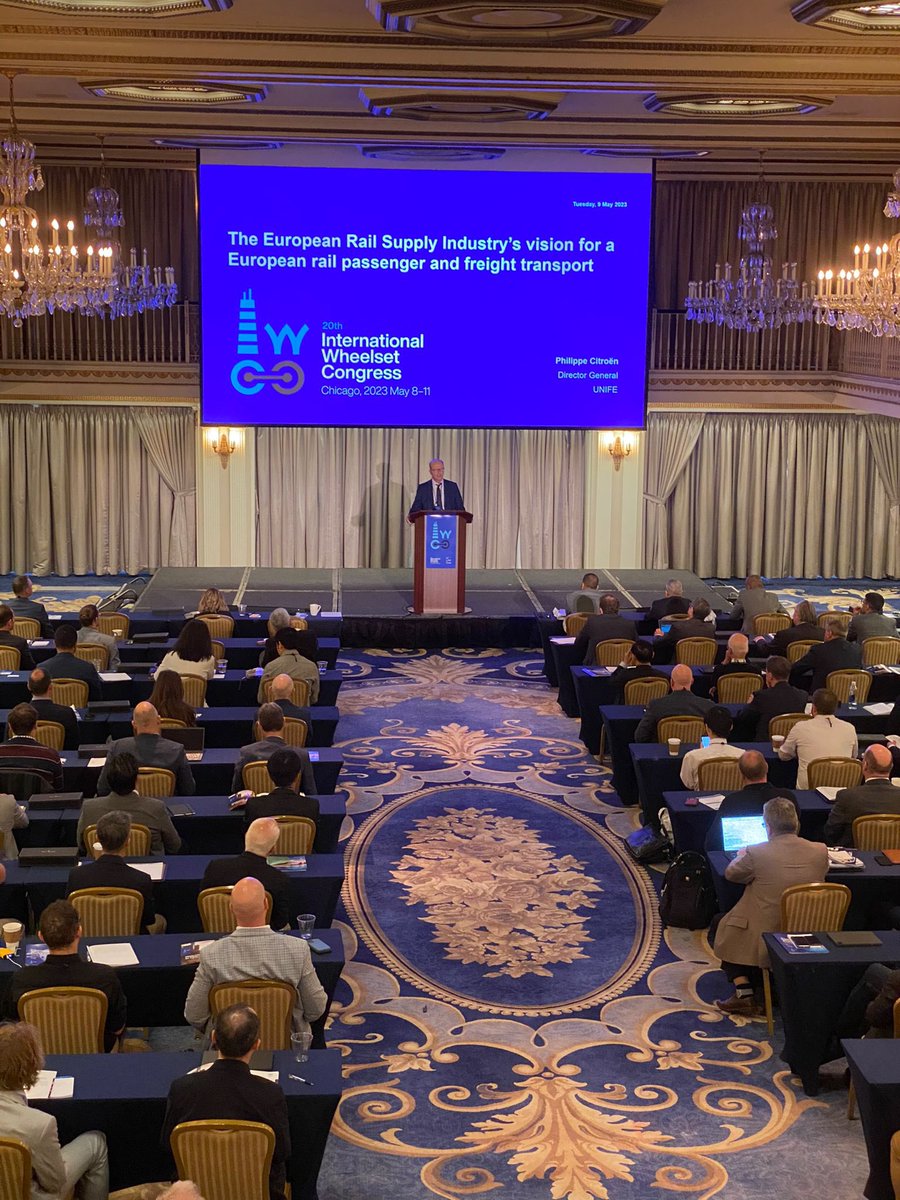 UNIFE's tweet photo. UNIFE’s DG @PhCitroen is happy to be kicking-off the 2️⃣0️⃣th International Wheelset Congress @IWC_2023 during the opening session. UNIFE and its ERWA members are looking forward to welcoming you in #Chicago 🇺🇸 🚄
#bogies #wheelsets #rollingstock #trains https://t.co/vKvl6fhZD2
