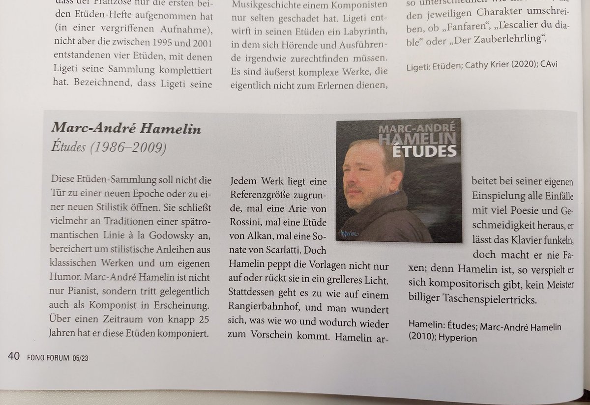 BineAnne's tweet photo. #FonoForum 5/23
10 cycles of piano etudes that you should know: Clementi, Chopin, Czerny, Liszt, Schumann, Brahms, Debussy, Rachmaninov, Ligeti - and Hamelin! 🎹
@MarcAndreHam https://t.co/wqyUGvGGyc