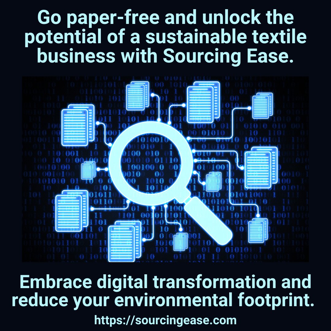 sourcing_ease's tweet photo. Embrace the future of sustainable textile businesses with Sourcing Ease. Go paper-free and minimize your environmental impact. 

https://t.co/lGyTOhDfIl

#ecotextiles #netzero #garments #garmentindustry #B2B #digitization #sustainability #visibility https://t.co/B3RR4uRqq9