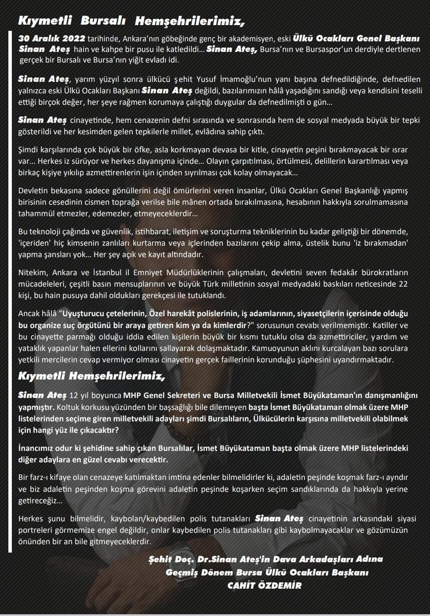 Zafer Partisi Mustafa Kemal Paşa üyemiz Bilal Aydemir ve 2 arkadaşımız, şehit Sinan Ateş'in Gök Türkler kitabı ve Bursalı vatandaşlara hitaben yazılmış broşürü dağıttıkları için gözaltına alınmış!
Kitaplara ve broşürlere el konulmuş!
Kıymetli Türk Milliyetçileri, Aziz Bursalılar,