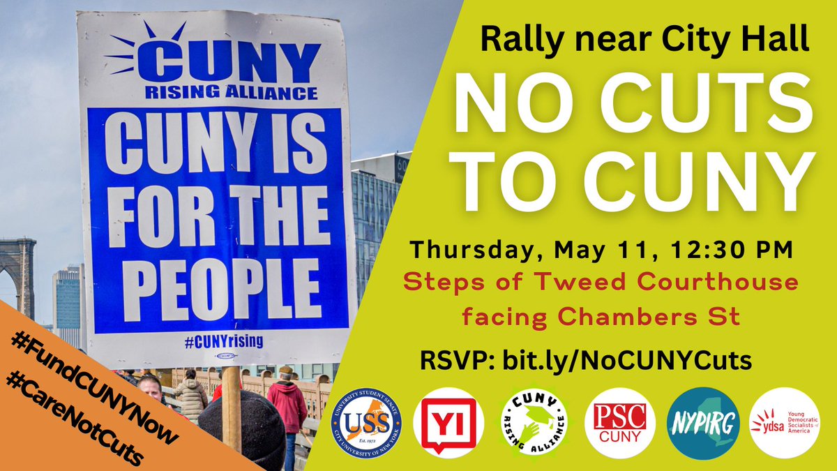 PSC members, students & #CUNY allies will rally on the steps of Tweet Courthouse (52 Chambers St) on Thursday, May 11 at 12:30pm The @NYCCouncil meets right after the rally, so we need a strong turnout! bit.ly/NoCUNYCuts #FundCUNYNow #CareNotCuts #InvestinCUNY