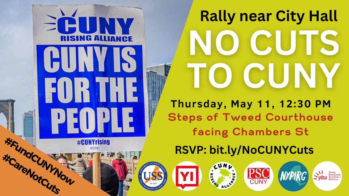 PSC-CUNY (@psc_cuny) on Twitter photo PSC members, students & #CUNY allies will rally on the steps of Tweet Courthouse (52 Chambers St) on Thursday, May 11 at 12:30pm
The <a href="/NYCCouncil/">New York City Council</a> meets right after the rally, so we need a strong turnout! bit.ly/NoCUNYCuts #FundCUNYNow #CareNotCuts #InvestinCUNY PSC members, students & #CUNY allies will rally on the steps of Tweet Courthouse (52 Chambers St) on Thursday, May 11 at 12:30pm
The <a href="/NYCCouncil/">New York City Council</a> meets right after the rally, so we need a strong turnout! bit.ly/NoCUNYCuts #FundCUNYNow #CareNotCuts #InvestinCUNY