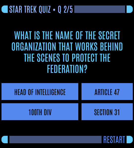 matjrichter's tweet image. #10DayWebBuild #StarTrek quiz day 6 🖖
- added question counter
- made some questions more fun for nerds