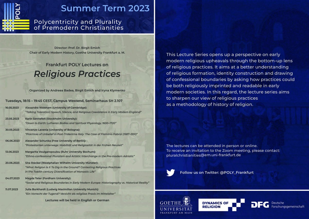 POLY_Frankfurt's tweet image. We're back! Join us for our Spring &amp;amp; Summer Semester 2023 #POLY
#LectureSeries and hear some fascinating talks on #religiouspractices by our dear friends &amp;amp; guests.

📅 Tue, 16 May - Tue, July 11 2023
⏲️ 6:15 pm CEST
📍@goetheuni or online via Zoom

 Learn more 👇