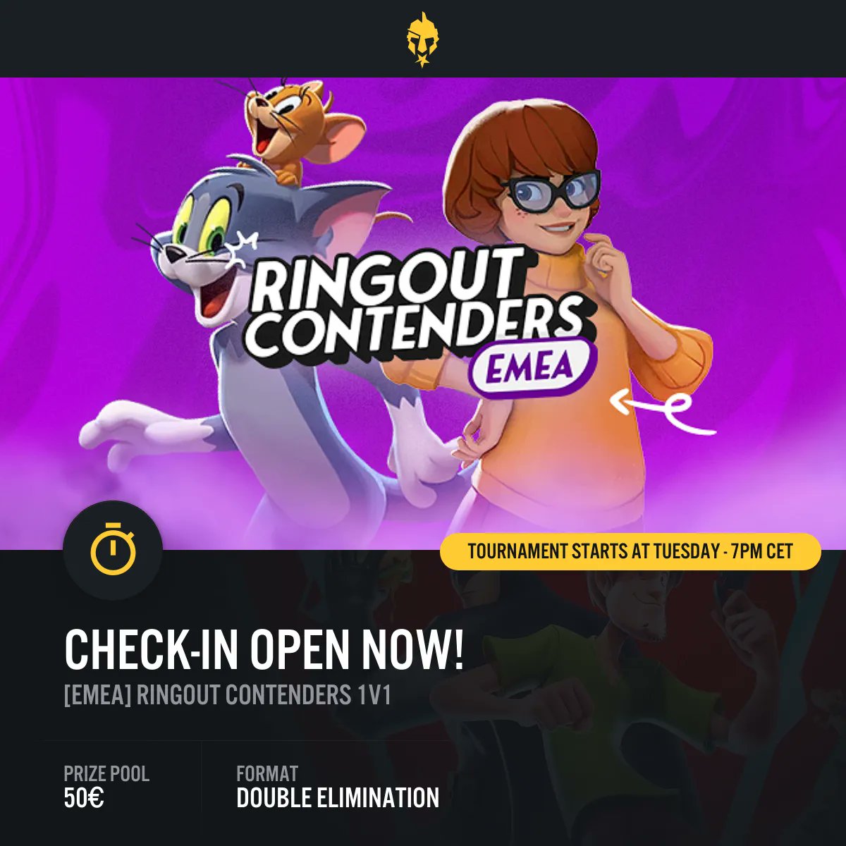 🛎️ Check-In for today’s Multiversus Tournament is now open! You have 30 minutes to check-in before it and registration closes. 

Check-In here ⬇️ 
egl.tv/tournament/7847