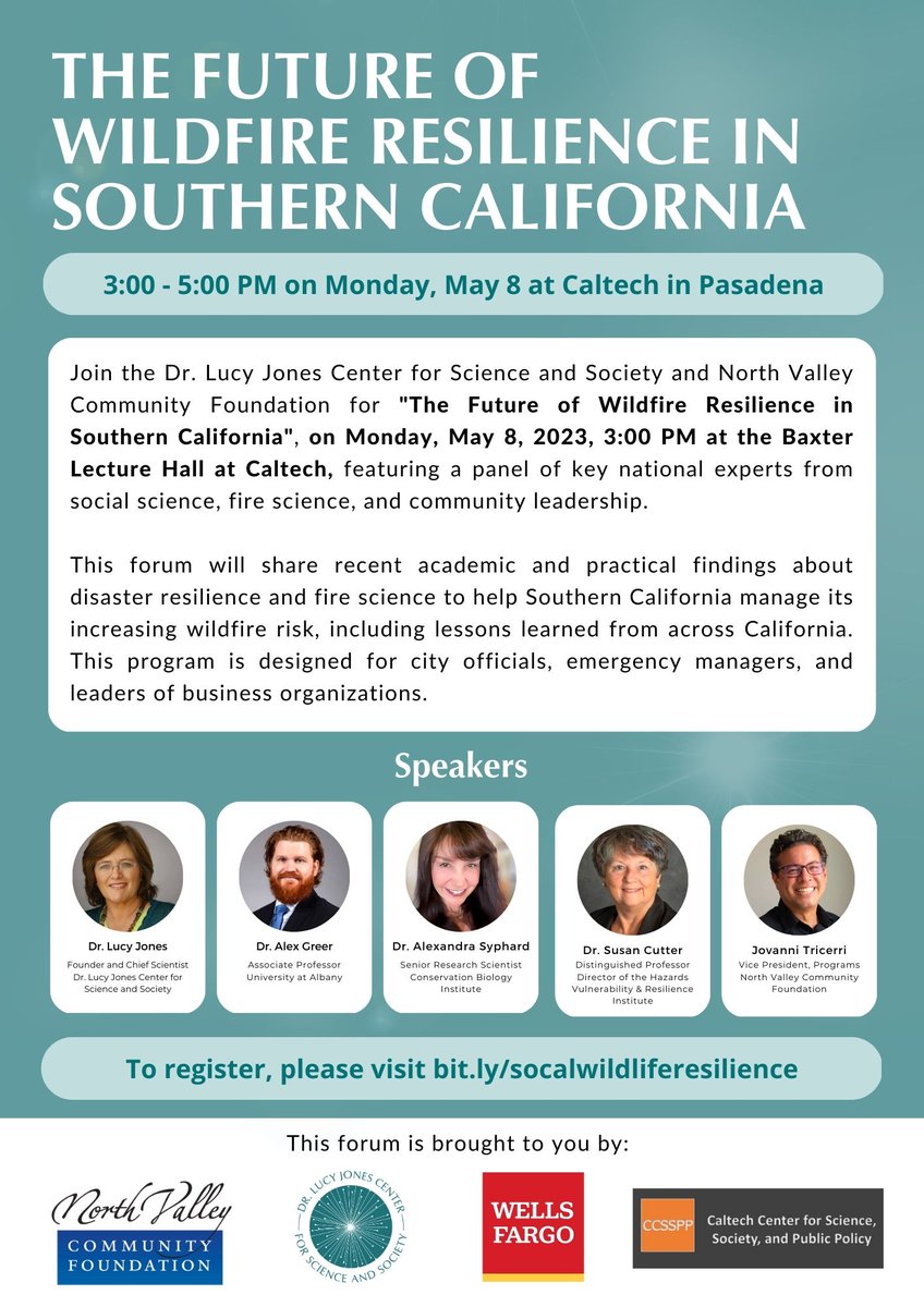 Thanks to @DrLucyJones and the @DLJCSS for giving @CaltechCsspp the opportunity to co-sponsor this event yesterday @Caltech. Informative discussion between the event speakers, @Caltech researchers, and local policy makers about new directions for wildfire resilience in SoCal.