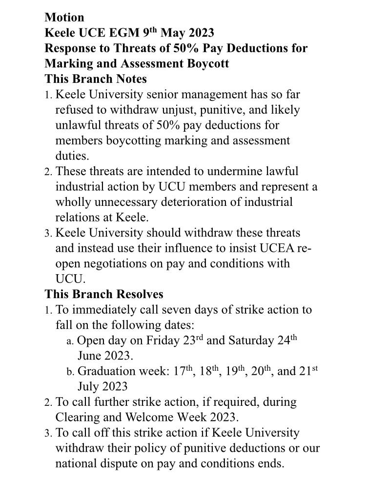 🚨BREAKING🚨 In today’s well attended EGM members voted 94% YES to a motion for strikes in response to threats of 50% MAB pay deductions. If management do not withdraw these threats they will be hit with strikes on June open days, July graduation, clearing and welcome weeks.