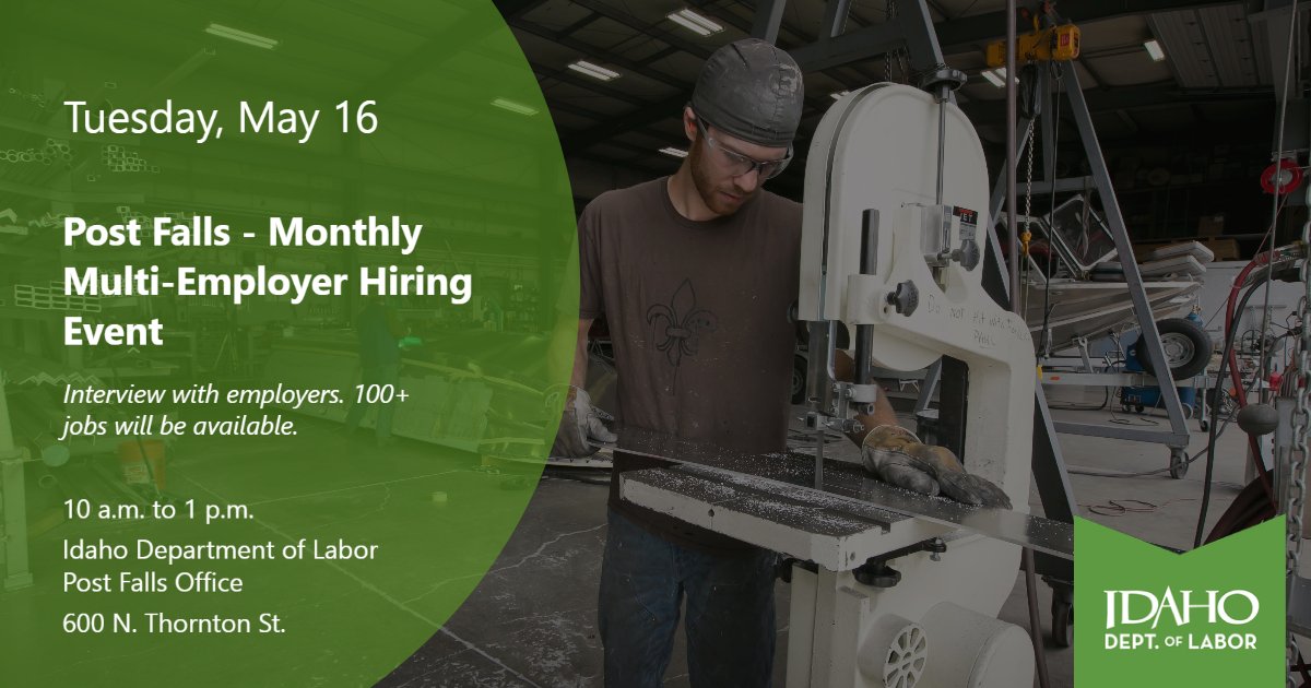 IdahoJob's tweet image. Our Post Falls office is hosting its monthly Multi-Employer Hiring Event on Tuesday, May 16. Bring an updated resume, dress for success and interview with many employers. 
ow.ly/zysC50OhtYm
#Idaho #IdahoLabor #PostFalls #hiringevent