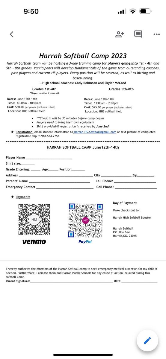 Camp registration forms will be sent home with students prior to the end of school year. You do not have to live in the Harrah school district to participate.

You may also print and use the attached form.