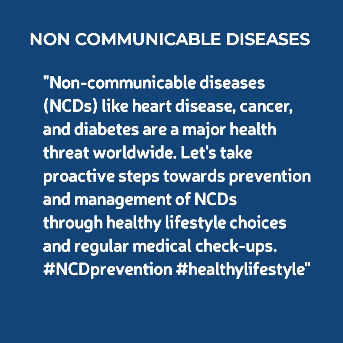 'Non-communicable diseases are major health threat worldwide. Let's take proactive steps towards prevention and management of NCDs through healthy lifestyle choices and regular medical check-ups. #NCDprevention #healthylifestyle
@udom_public_hdp @Katalam1Leonard @elimuyaafya