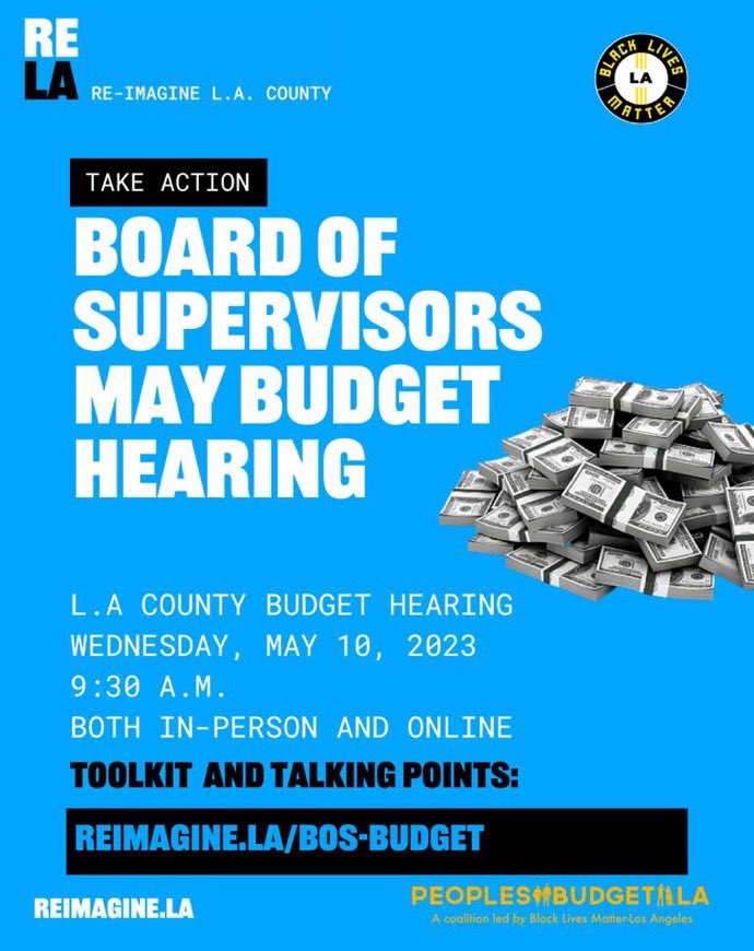 Take action and join us in-person and online to demand real Care First Community Investments! No New Cop Momey!

Toolkit at reimagine.la/bos-budget

#CareFirstBudget #reimagineLA #CloseMCJ