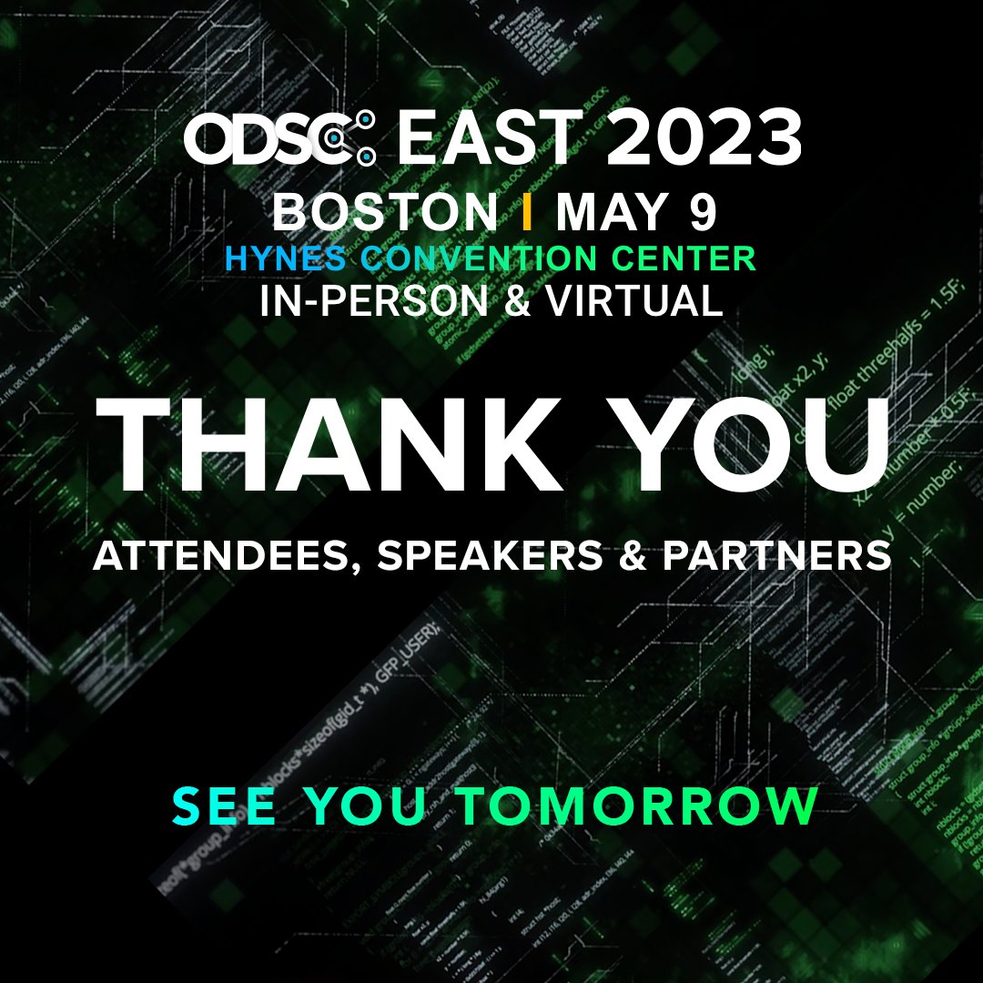_odsc's tweet image. Thank you for attending Day 1 of #ODSCEast! Tomorrow you&apos;ll hear more keynotes, the #AI Expo &amp;amp; Demo, and more. We can&apos;t wait to see you tomorrow!