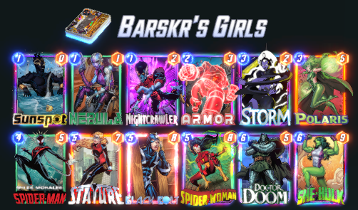 Inspired by the decks from <a href="/aniOmalY_MS/">aniOmalY</a> and <a href="/GolLelouch/">LelouchDG - Збори/Про ігри/Непотрібні думки</a> , I created my own "child". In two days I climbed from 60 to 85 using Captain Marvel, and finished from 85 to 100 rank with Doom. If anyone is interested, I can create a video guide for this deck.
Infinite in #MarvelSnap .