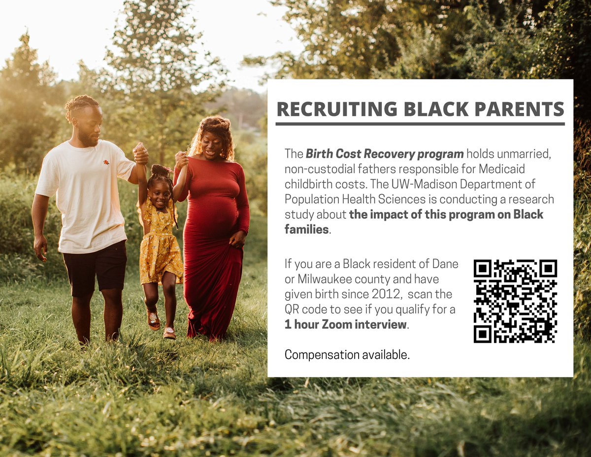 🚨 Birth Cost Recovery Study Alert🚨 Are you a Black parent who gave birth in Dane or Milwaukee counties during the last 10+ years? If you used BadgerCare, did your child's father have to pay back any $$? If so, we'd love to interview you! Link to screener using QR code in pic.