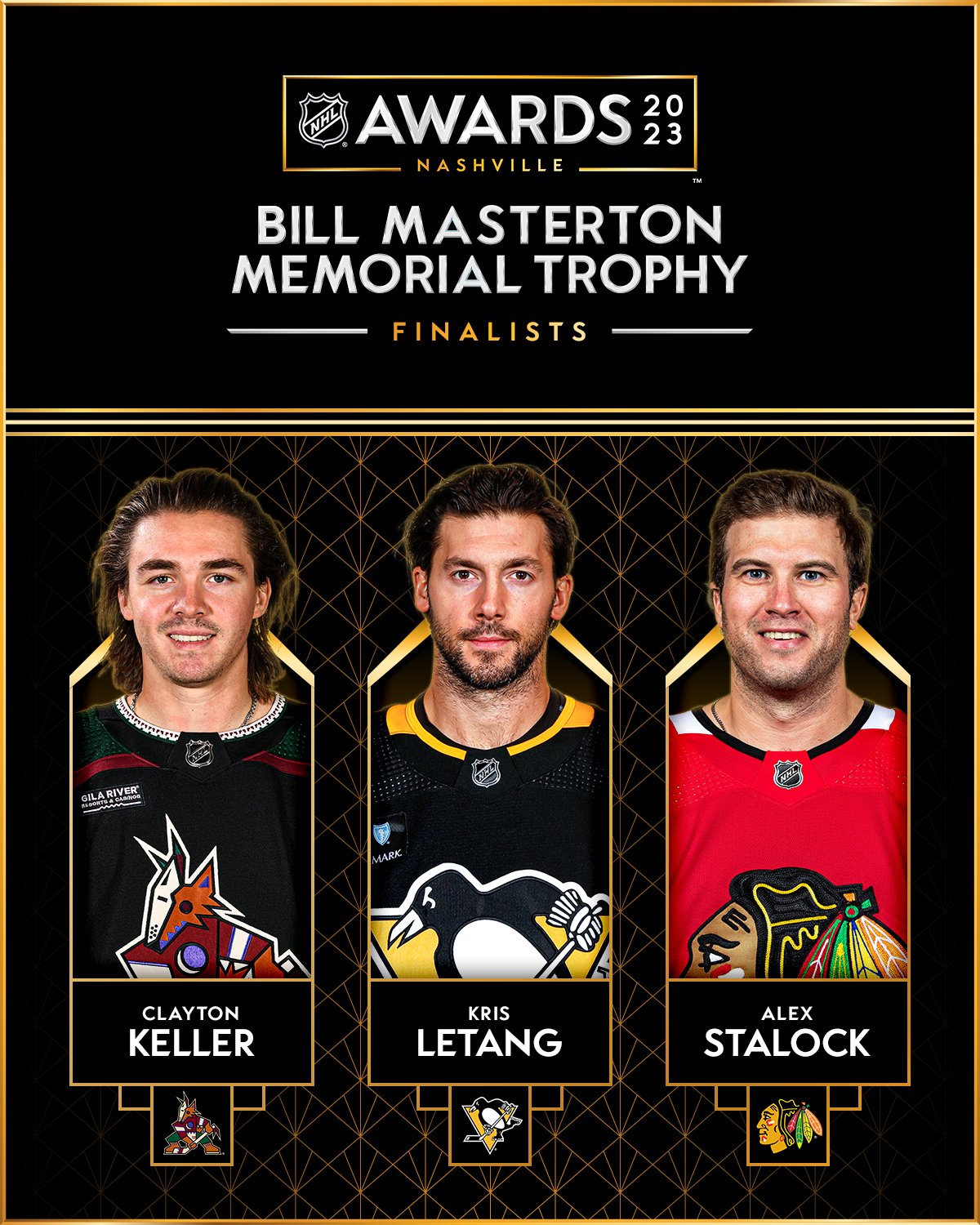 NHL Public Relations on X: Clayton Keller, Kris Letang and Alex Stalock  named finalists for the Bill Masterton Memorial Trophy, presented “to the  player who best exemplifies the qualities of perseverance, sportsmanship