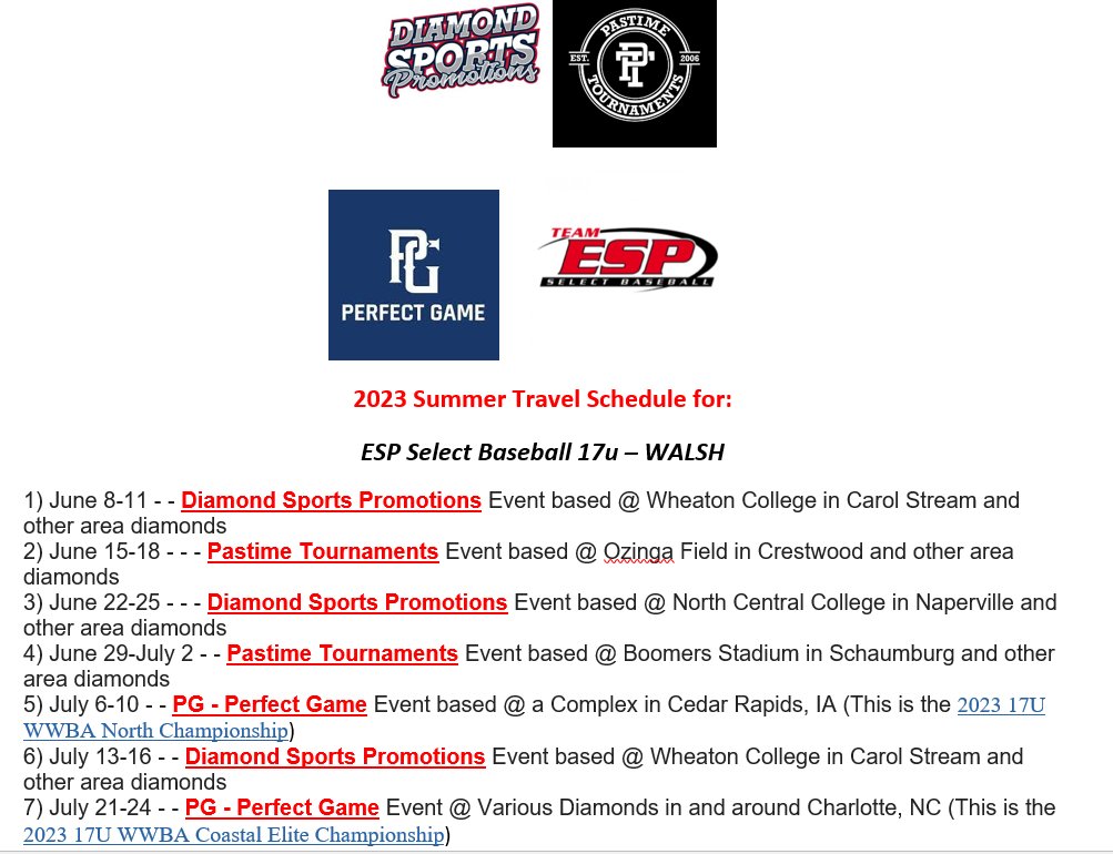 BREAKING NEWS: This Summer's Travel Schedule for:
ESP Select 17u Black -WALSH
*College Coaches have inquired about the talented 2024 Grads on our roster. We have High Caliber, High Character &amp; High Academic players available!
Message me anytime!
#ESPtrained #everyinningeveryday