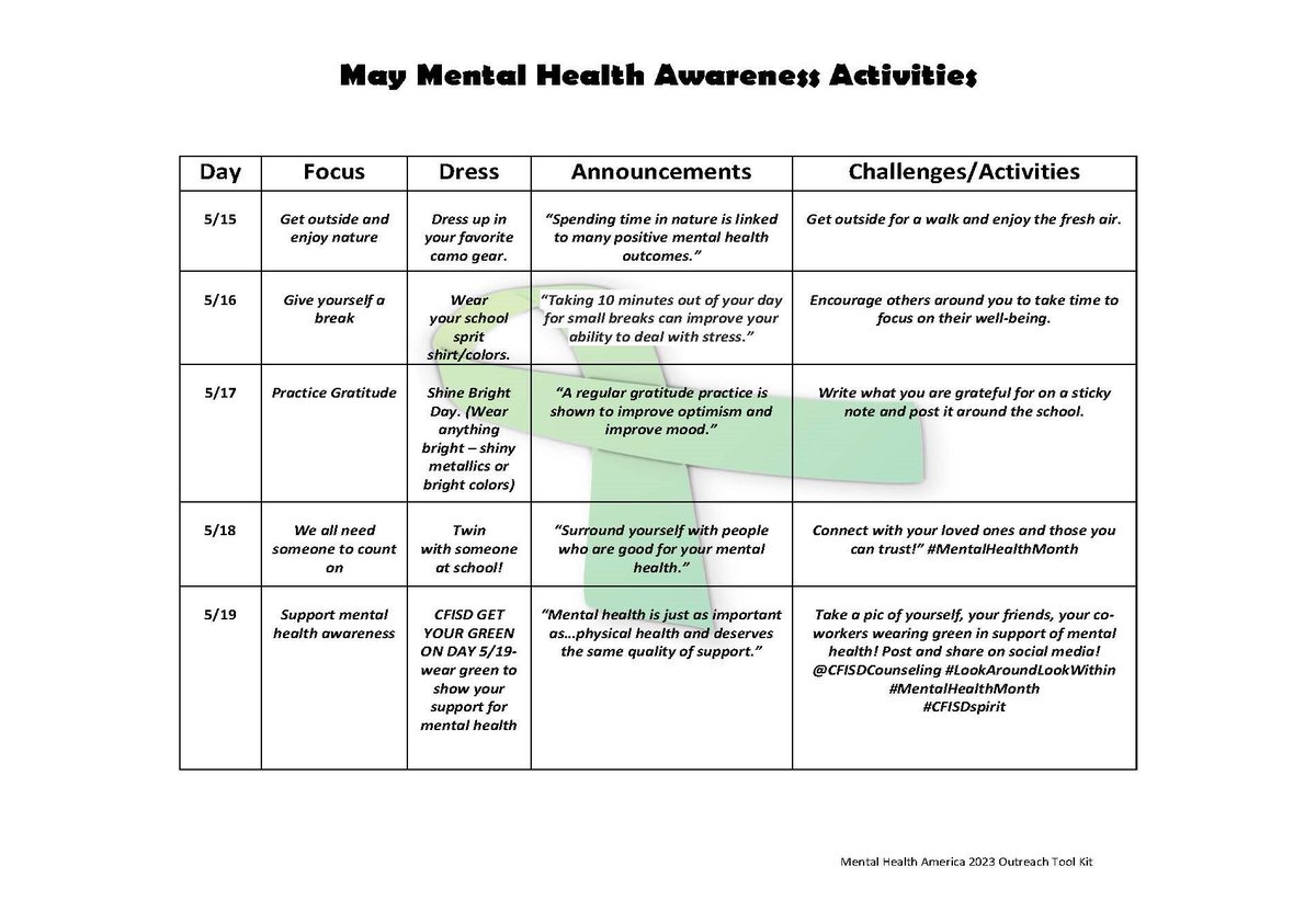 💚May is Mental Health Awareness Month!!! Follow the calendar activities below to advocate for mental health awareness!! 💚#itsokaytonotbeokay #nostigma #mentalhealthishealth #MentalHealthAwarenessMonth @cycreekhs @CougarProd1