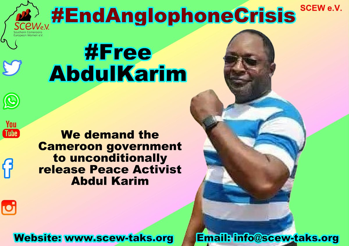 We demand the govt of Cameroon to unconditionally release of Muslim Scholar Abdul Karim 
& all Southern Cameroonian political prisoners, arrested in connection with the #AnglophoneCrisis.
#EndAnglophoneCrisis and initiate #Peacetalks
#FreeAbdulKarim
@hrw @unsc @amnesty @AJEnglish