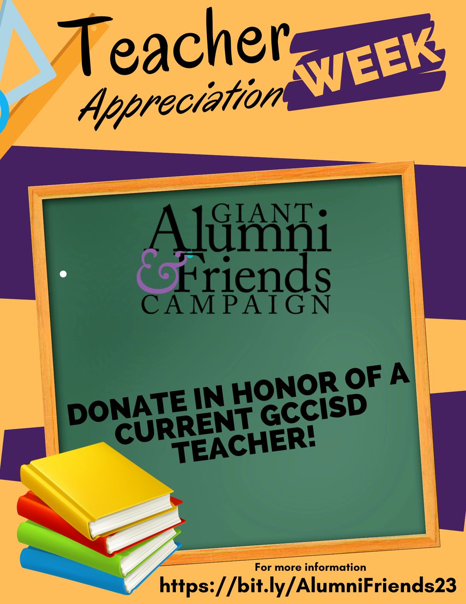 Attention GIANT Alumni &amp; Friends! Show your appreciation for a <a href="/GCCISD/">Goose Creek CISD</a> teacher by donating in their honor. Not only will you be making a difference, but an acknowledgement card will be sent to the teacher to let them know. Spread the love!
🔗👉bit.ly/AlumniFriends23