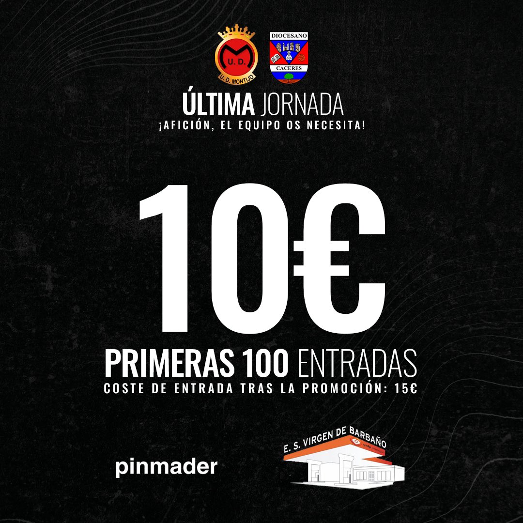 UDMONTIJO's tweet photo. ¡𝗔𝗙𝗜𝗖𝗜𝗢́𝗡, 𝗘𝗟 𝗘𝗤𝗨𝗜𝗣𝗢 𝗢𝗦 𝗡𝗘𝗖𝗘𝗦𝗜𝗧𝗔! 🔥
¡Nuestra final ya está aquí! No te pierdas el épico enfrentamiento entre #UDMontijo y #CDDiocesano este próximo domingo.
¡Las primeras 100 entradas a solo 10€!
Puedes adquirir tus entradas en #Pinmader y #LaGalp https://t.co/10uPDvpt8l