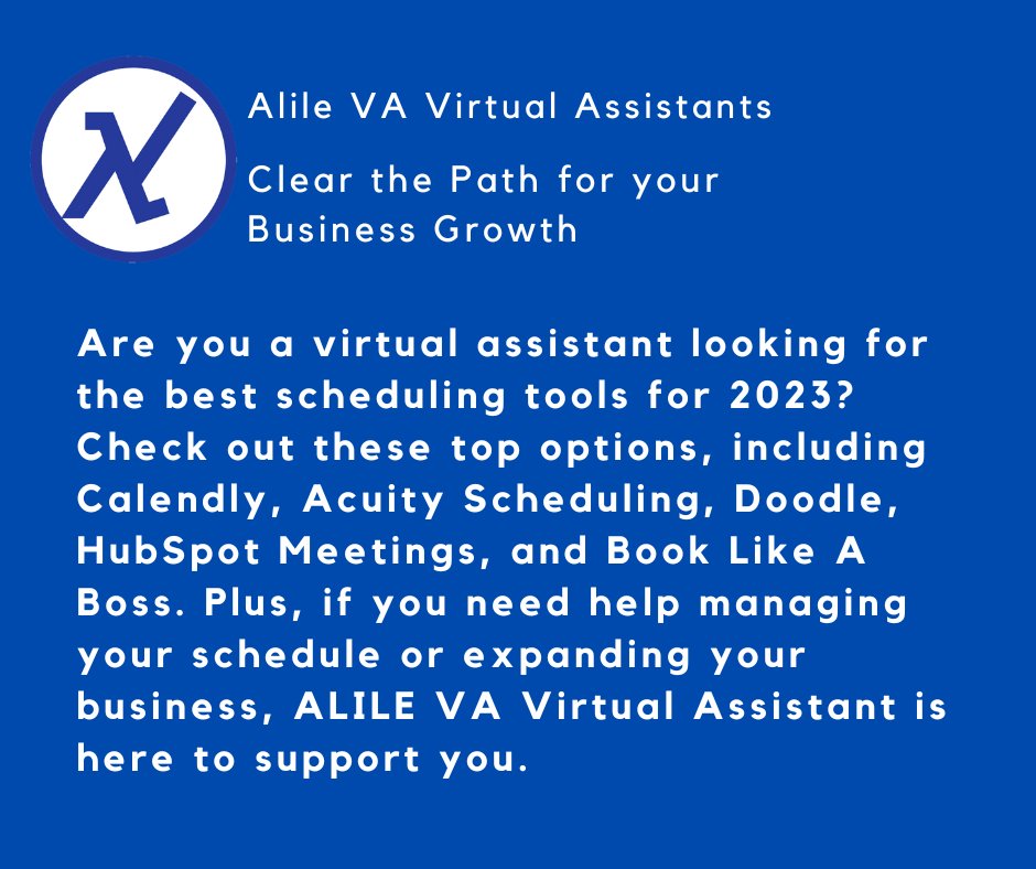 ALILE_VA's tweet image. Maximize your virtual assistant's efficiency with top scheduling tools like Calendly, Acuity Scheduling, Doodle,HubSpot Meetings, and Book Like A Boss. And for reliable virtual assistant support, turn to ALILE VA Virtual Assistant. #virtualassistant #schedulingtools #productivity