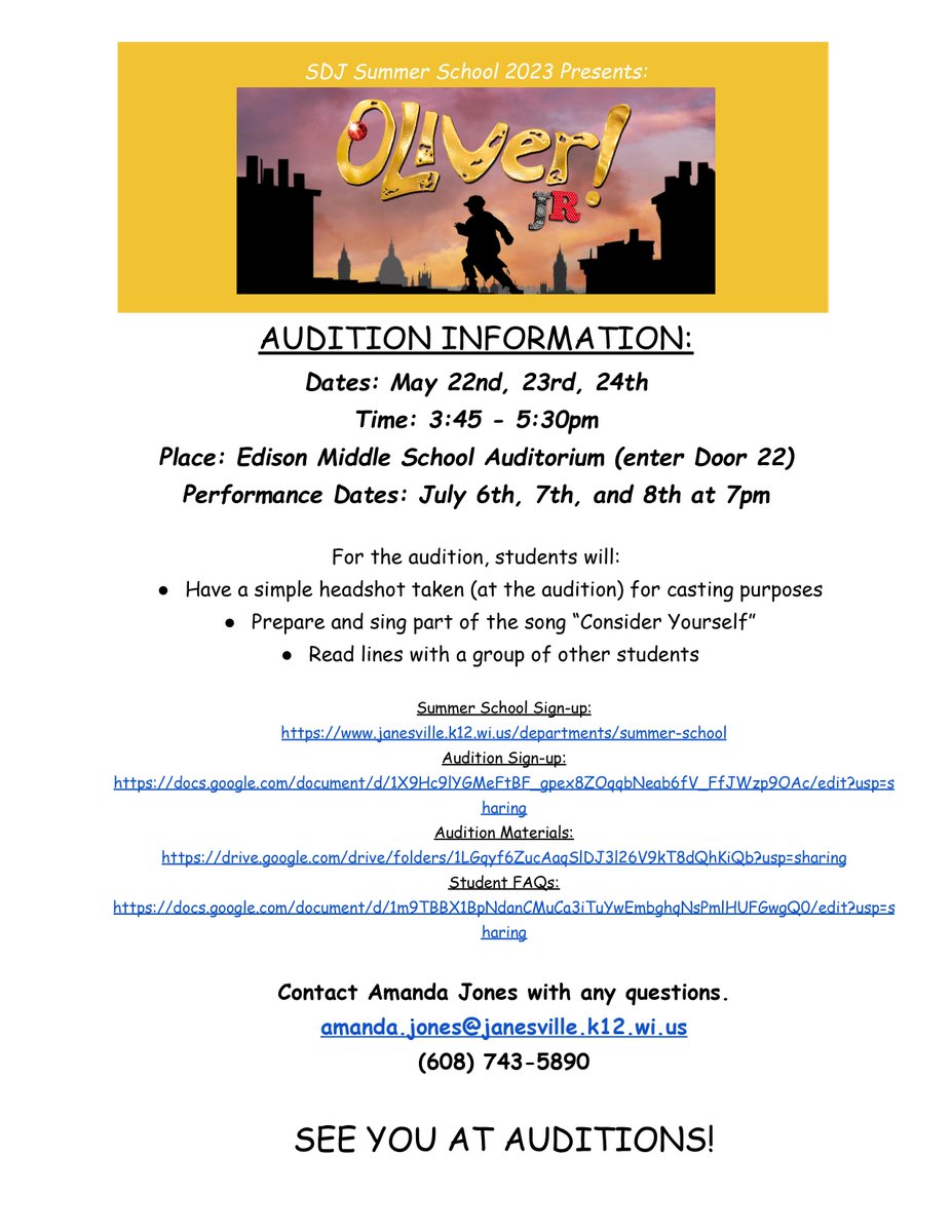 Oliver, Jr. tryouts are coming soon! Please see Mrs. Jones if you have any questions. #weareedison #somosedison