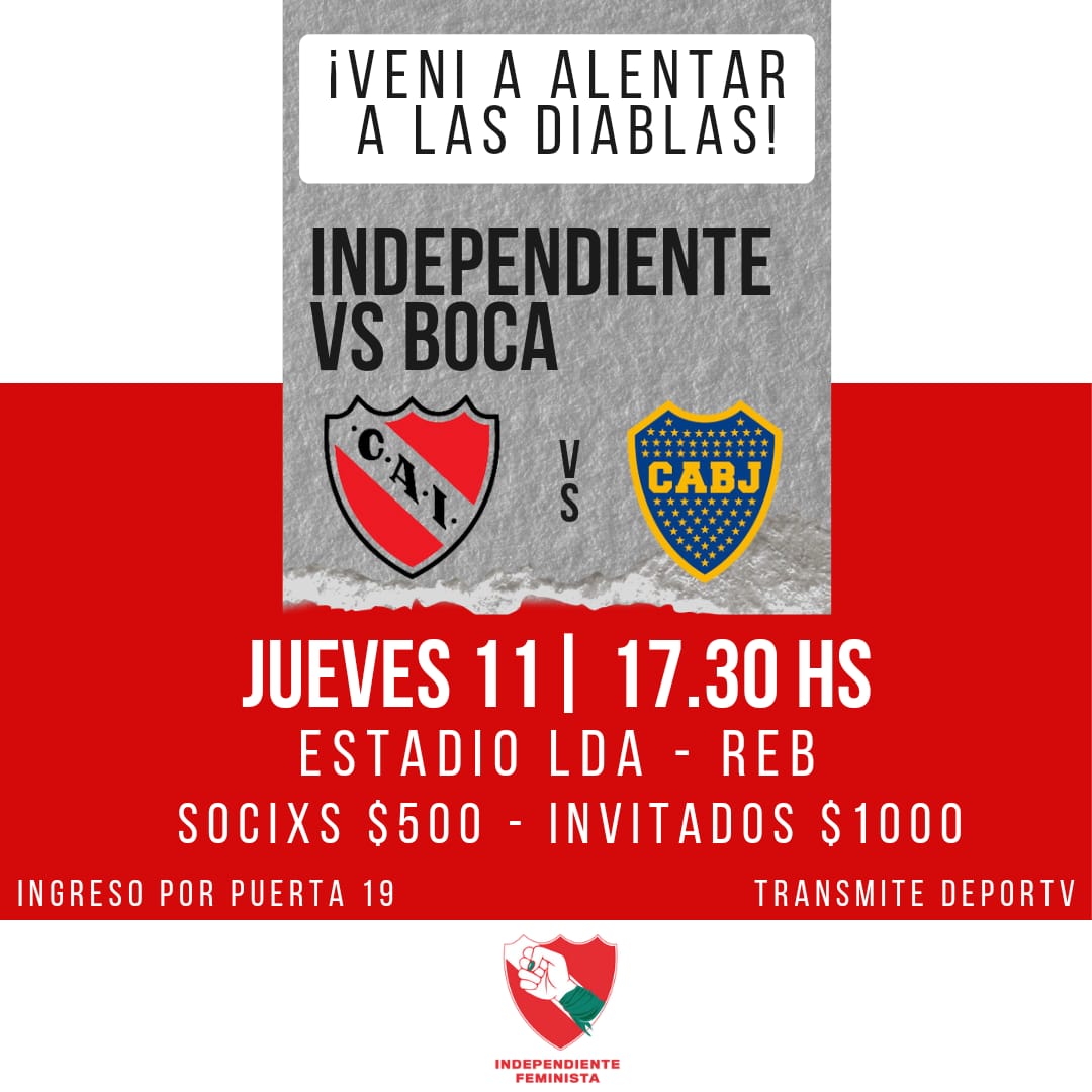 🇦🇹 ESTE JUEVES TODXS A ALENTAR A LAS DIABLAS 🇦🇹

Las Diablas, que vienen de ganarle un partidazo a San Lorenzo, van a enfrentar a Boca, las punteras del campeonato, para seguir peleando arriba. 

📍 Estadio Libertadores de América - Ricardo Enrique Bochini / por puerta 19
+