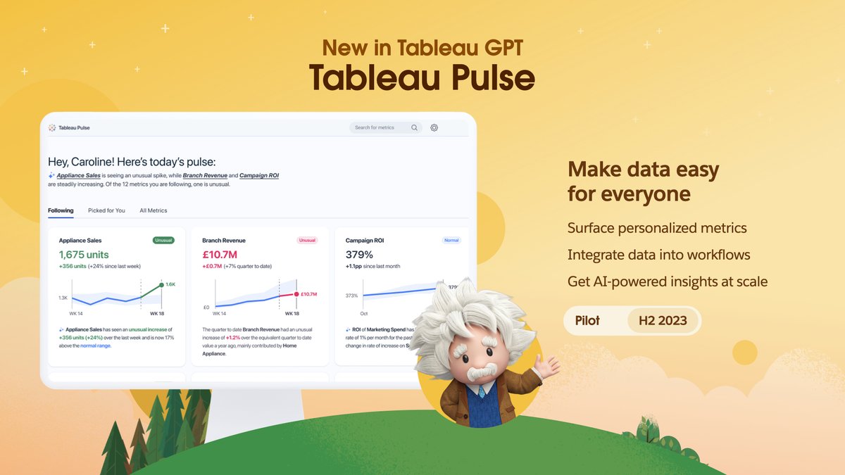 Tableau Pulse powered by #TableauGPT makes data easy for everyone. 

Bring your analytics to life with personalized metrics, relevant data, and AI-powered insights. #Data23