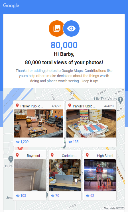 BarbyIngle's tweet image. Hi Barby, 80,000 views of your photos!📷Thanks for adding photos to Google Maps. Contributions like yours help others decide about the things worth doing and places worth seeing—keep it up!📷  #MayWePrevail #MentallyMindful #HelpingHumanity #GoogleMaps