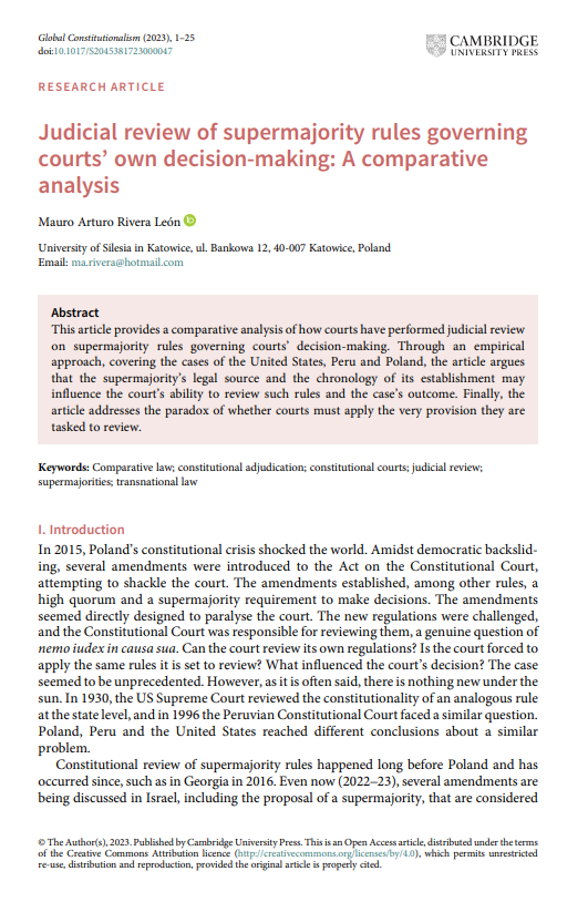 MauroArturo's tweet photo. Se publicó mi artículo "Judicial review of supermajority rules governing courts’ own decision-making: A comparative analysis" en @GlobConJournal  de Cambridge.

Analizo cómo los tribunales han controlado la constitucionalidad de mayorías calificadas para invalidar leyes. https://t.co/PFNxL7RSnd