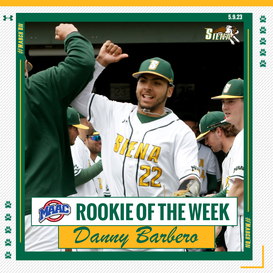 Siena Saints (@sienasaints) on Twitter photo 🏅 For the 6⃣th time this season, a <a href="/SienaBaseball/">Siena Baseball</a> standout has earned <a href="/MAACSports/">#MAACSports</a> weekly honors
Congrats to <a href="/BarberoDanny/">Danny Barbero</a> on becoming the 3⃣rd different #SienaSaints freshman to be named #MAACBaseball Rookie of the Week this spring 👏
📰 bit.ly/3HVeAEQ
#MarchOn 🏅 For the 6⃣th time this season, a <a href="/SienaBaseball/">Siena Baseball</a> standout has earned <a href="/MAACSports/">#MAACSports</a> weekly honors
Congrats to <a href="/BarberoDanny/">Danny Barbero</a> on becoming the 3⃣rd different #SienaSaints freshman to be named #MAACBaseball Rookie of the Week this spring 👏
📰 bit.ly/3HVeAEQ
#MarchOn