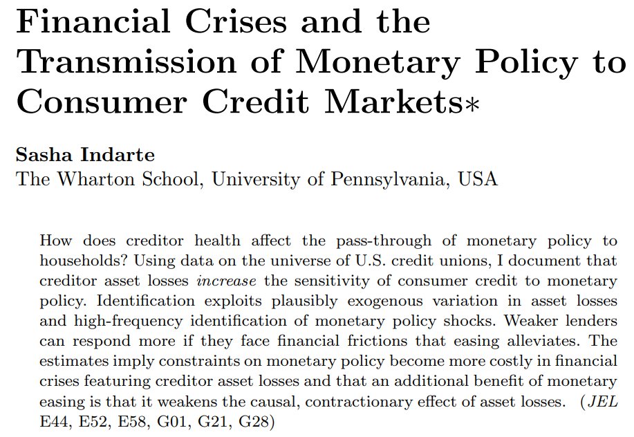 Sasha Indarte (@sashaindarte) on Twitter photo Happy to see my first (!!!) publication in the RFS (<a href="/SFSjournals/">Society for Financial Studies</a>)! And just in time to shed light on recent events in the banking sector. The paper uses a natural experiment to study how the health of lenders alters the strength of monetary policy. (1/n)
doi.org/10.1093/rfs/hh… Happy to see my first (!!!) publication in the RFS (<a href="/SFSjournals/">Society for Financial Studies</a>)! And just in time to shed light on recent events in the banking sector. The paper uses a natural experiment to study how the health of lenders alters the strength of monetary policy. (1/n)
doi.org/10.1093/rfs/hh…