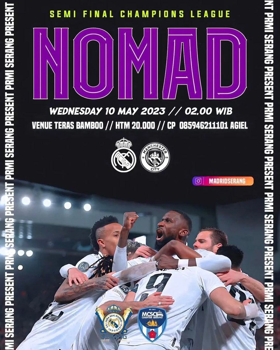 Madrid_Indo's tweet photo. #EventNomad [Serang]
NoMad #UCL with PRMI Serang

🏆 Semifinal - Leg 1
⚽️Real Madrid vs Manchester City
📅Rabu, 10 Mei 2023
⌚️Open gate : 01.00 WIB
📍at Teras Bamboo
💵HTM :  20K
_
#HalaMadrid #EventPRMI #VamosPRMI https://t.co/YiCvrJNLQJ
